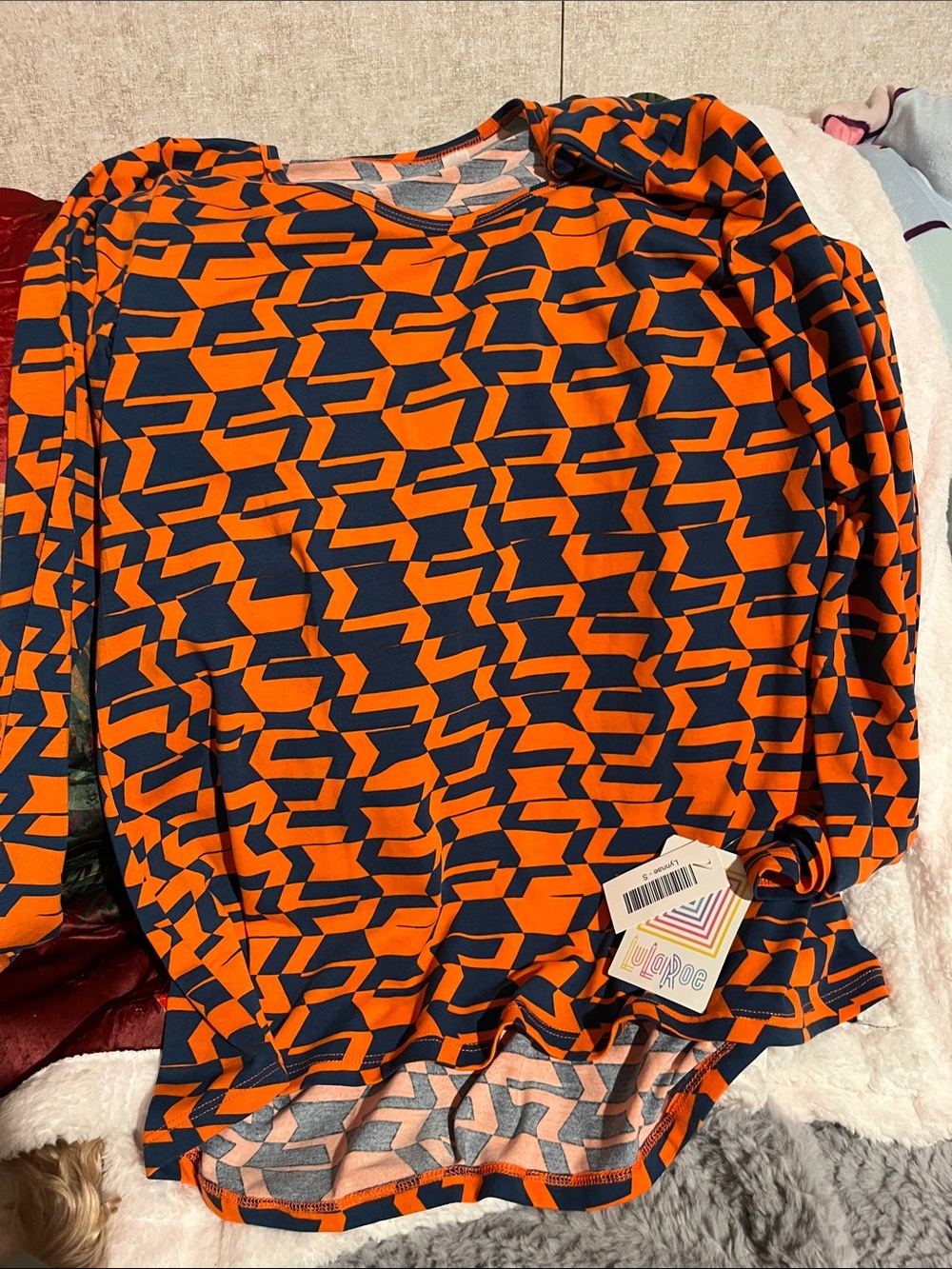 LuLaRoe Orange & Navy Geometric Print Top